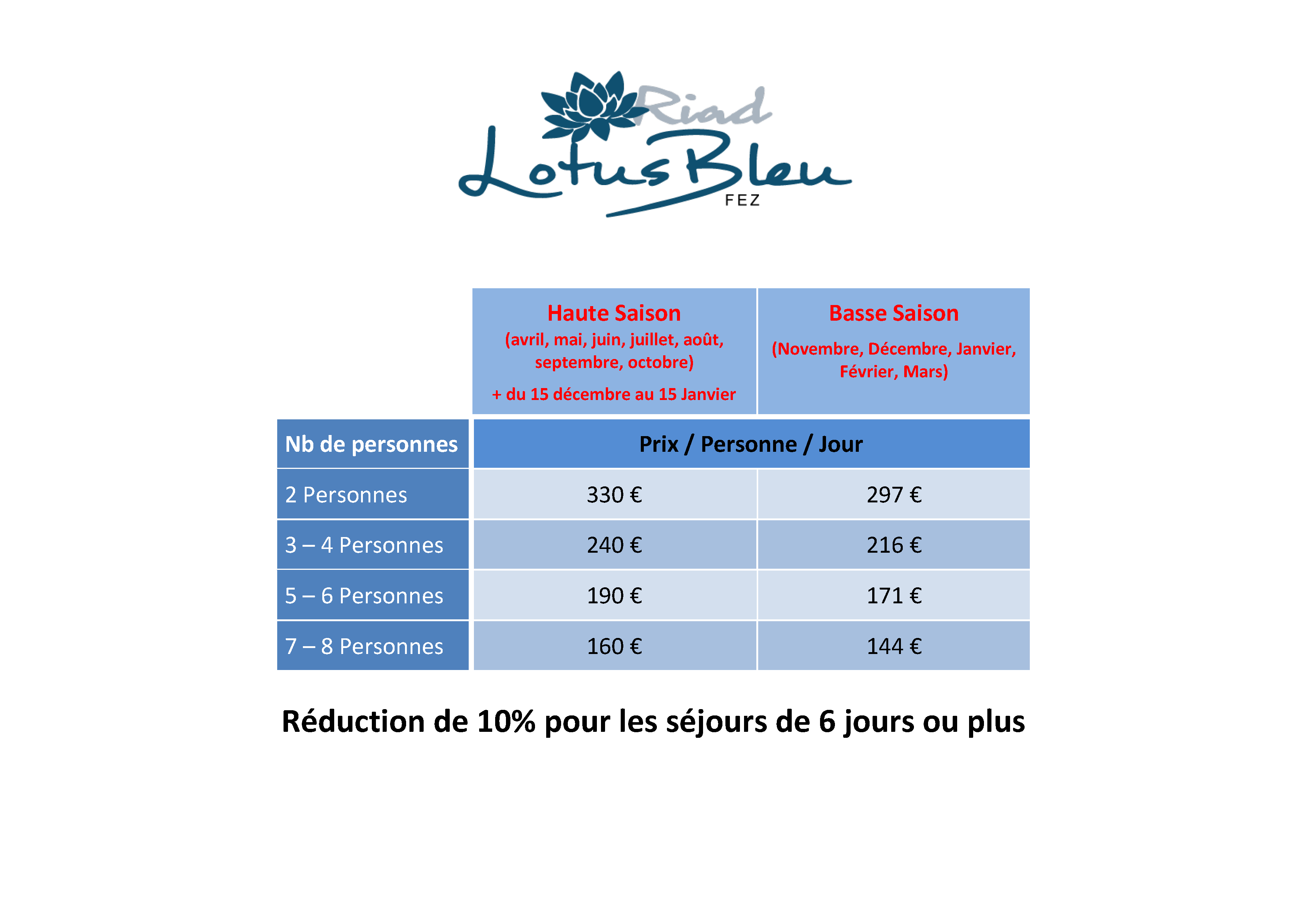 Tarifs de location riad lotus bleu fès